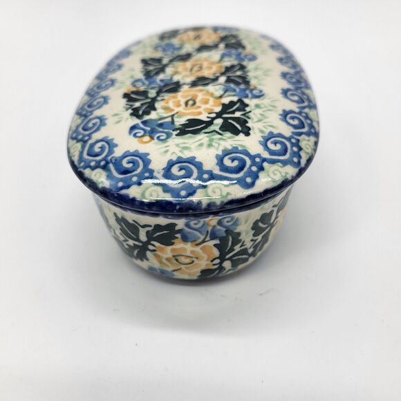 Polish Pottery Unikat Oval Lidded Trinket Box Floral Hand Painted Boleslawiec - Picture 3 of 12